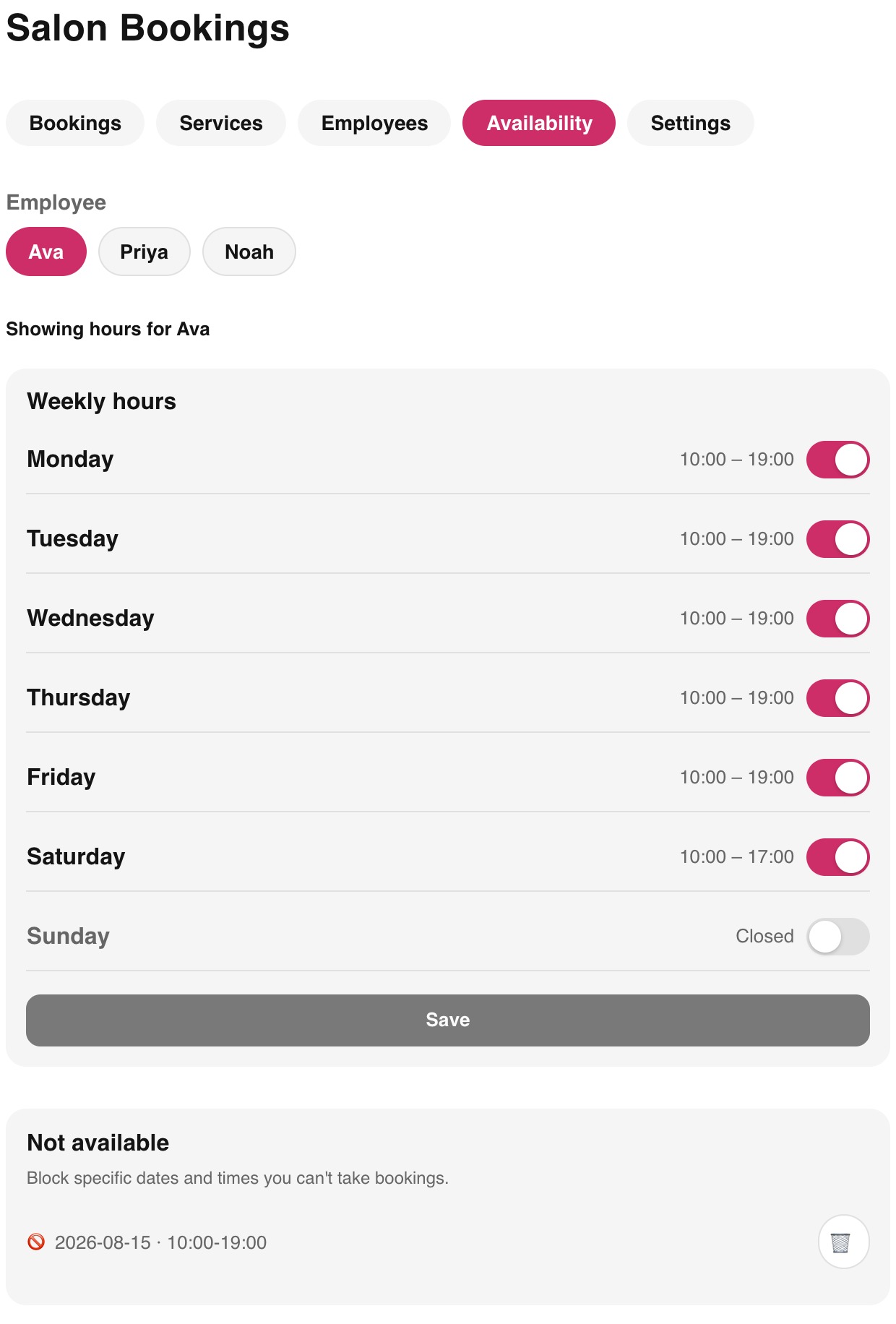 The Availability tab of the Nailterest booking dashboard, showing weekly working hours and a time-off exception