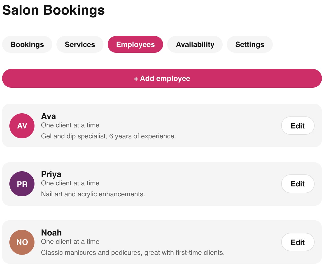 The Employees tab of the Nailterest booking dashboard, showing three team members with photos and bios