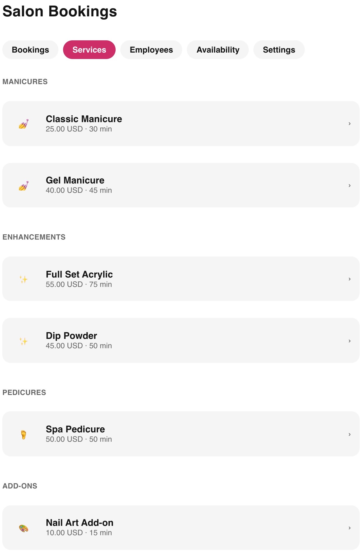 The Services tab of the Nailterest booking dashboard, showing a list of nail services with prices and durations