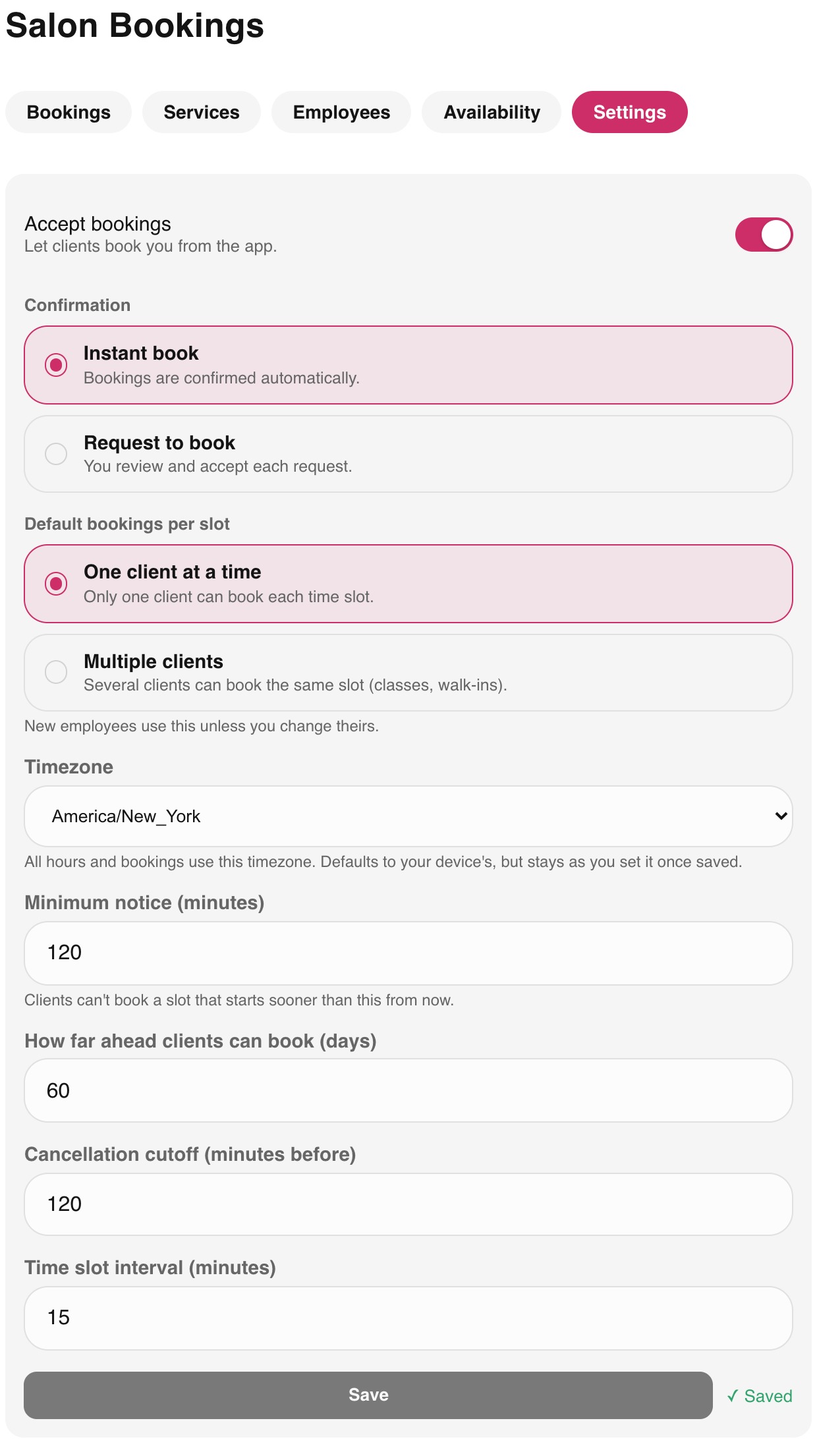 The Settings tab of the Nailterest booking dashboard, showing minimum notice, booking window, and cancellation settings